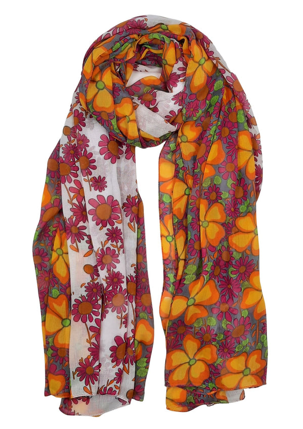 Daisies With Mix Floral Border Scarf (SE-2681_Orange)